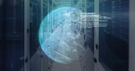 Poster - Showing server room hologram globe appearing rotating pulsing links filling clear data panels