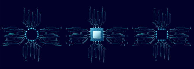 Poster - Set of glowing blue microchips connected to a futuristic circuit network on a dark background. Technology, computing and electronics elements. Futuristic semiconductors. Vector illustration.