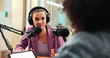 © peopleimages.com - Podcast, microphone and happy woman with guest for live streaming, broadcast or news. Host, people and interview for online platform, web presenter and studio for radio or talk show with tech
