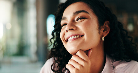 Poster - Happy woman, thinking and business with vision for career opportunity, development or improvement. Female person, employee or smile with sight in wonder for inspiration or day dreaming at workplace