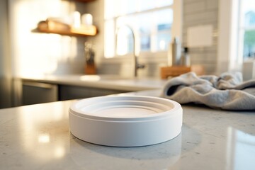 Poster - White ceramic dish rests on a marble kitchen countertop under warm sunlight in a modern home setting