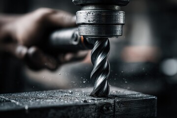 Poster - Precision drilling of metal in a workshop, showcasing expert craftsmanship and attention to detail by a skilled worker