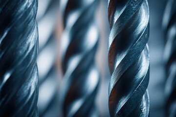 Poster - Metal drill bits arranged with focus on twisted shapes, showcasing precision tools for industrial applications