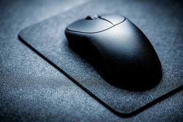 Poster - Black wireless mouse placed on a textured mouse pad in a dimly lit workspace environment during late evening hours