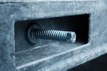 Poster - Close-up view of a metal bolt securing machinery in an industrial environment during daylight hours