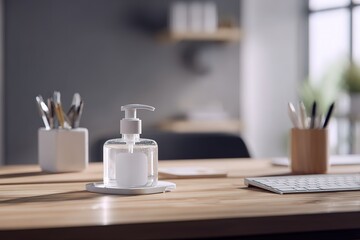 Poster - Hand soap dispenser on a wooden desk in a bright, modern workspace with stationery and soft lighting