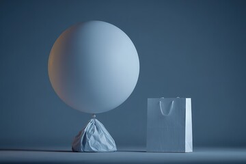 Poster - White balloon and paper bag on a blue background creating a minimalist still life concept