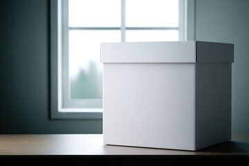 Poster - White box on wooden table near window in softly lit room with natural light creating a calm atmosphere in the afternoon