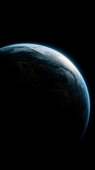 Wall Mural - A cinematic wide-angle view of Earth from space, featuring a soft blue glow illuminating one side of the planet against a deep black background with no stars. Peaceful, minimal, and atmospheric.