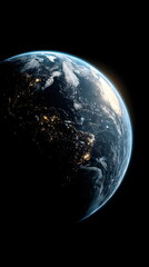 Wall Mural - A cinematic wide-angle view of Earth from space, featuring a soft blue glow illuminating one side of the planet against a deep black background with no stars. Peaceful, minimal, and atmospheric.