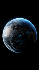 Wall Mural - A cinematic wide-angle view of Earth from space, featuring a soft blue glow illuminating one side of the planet against a deep black background with no stars. Peaceful, minimal, and atmospheric.