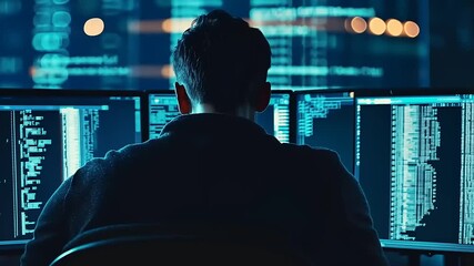 focused programmer working on multiple screens displaying code in a modern tech environment