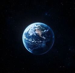 a wide-angle view of earth from space, with one hemisphere illuminated by a soft blue glow and the r