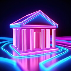 Poster - Fintech, Finance and Startup Neon-lit classical building with vibrant glowing elements and abstract background.