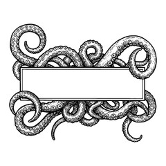 Wall Mural - octopus tentacles frame design behind blank label black and white outline line art drawing marine an