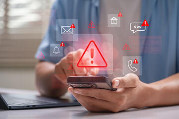 Poster - Cybersecurity warning on mobile phone showing alert messages and phishing scams targeting email, bank, and personal data. online safety and data protection while using smartphone and laptop at home.