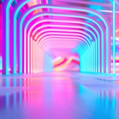 Poster - Vibrant neon tunnel with colorful lights reflecting on a smooth surface.