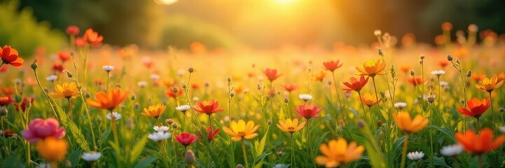 Wall Mural - Golden sunlight bathes a field of vibrant wildflowers, creating a breathtaking scene of nature's beauty Perfect for illustrating themes of summer, warmth, and natural landscapes , landscape, day