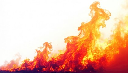 Wall Mural - intense flames licking upwards against a stark white background; a dramatic study of fire's raw ener
