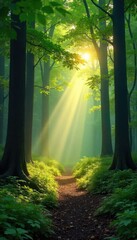 Sticker - Serene forest scene at dawn, sunbeams filtering through lush green canopy, illuminating the forest floor Perfect for nature documentaries, websites, or calming backgrounds , stock photo, canopy
