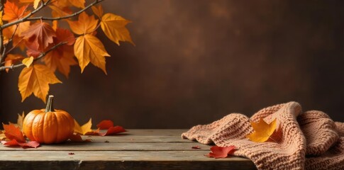 Canvas Print - a rustic wooden table sits against a rich brown backdrop, adorned with autumnal leaves and a cozy kn