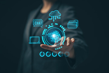 Fototapete - Chatbot chat with AI artificial intelligence. Concept of using AI technology to help work in order to work easier and faster. Future technology development business.