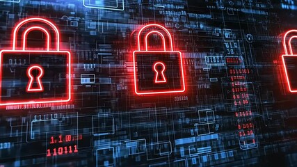 Digital security concept with glowing red padlocks on a futuristic technology background