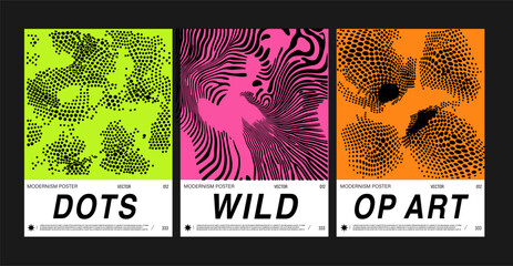 Poster - Vector illustration in modern op art style with bold neon green, pink, orange, and black. Posters use halftone dots, wavy lines, and abstract shapes.