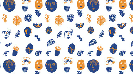 Poster - Abstract faces repeat seamless pattern white backdrop aesthetic