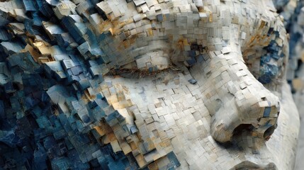 Poster - A detailed sculpture depicts a face in a meditative expression, crafted from layered pieces of various colors and textures, emphasizing depth and artistry. Natural light enhances its features.