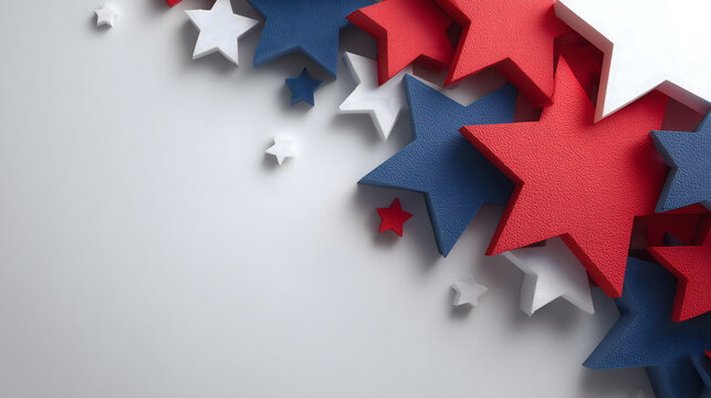 4th of July banner: Red blue white star confetti decorations on white background. Top view flat lay with copy space. USA Independence Day celebration, patriotic party, national holiday.