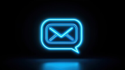 Neon email symbol with speech bubble glowing against dark background