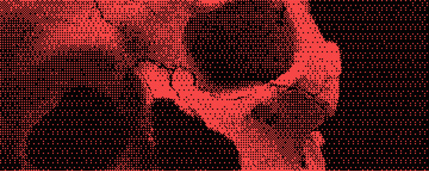 Poster - Distinctive abstract representation of a skull in striking red tones and digital dots showcasing modern art styles