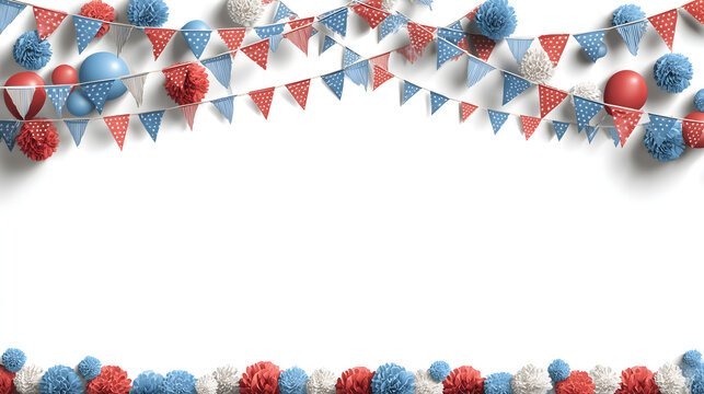  4th of July celebration banner, red white blue ribbon confetti and USA flag bunting with copy space at center. 