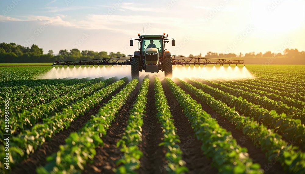 Foto Tractor Spraying Crops in a Lush Green Field at Sunset ...