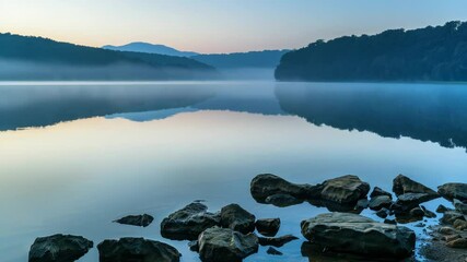 Fototapete - A serene scene featuring a body of water with rocks jutting out from the surface, great for use in travel or nature-themed projects