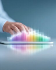 Poster - Businessman Using Futuristic Holographic Tablet Displaying Colorful Data Charts