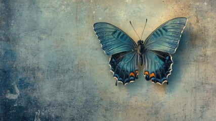 Poster - A small blue butterfly perched on the edge of a wall, its delicate wings spread wide