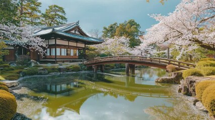 Poster - A wooden bridge crossing a serene pond in a traditional Japanese garden setting