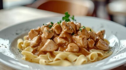 Poster - A close-up of pasta and meat on a white plate, perfect for food photography or recipe illustrations