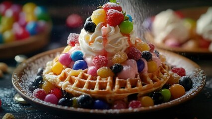 Poster - A delicious waffle topped with fresh fruit and whipped cream, perfect for breakfast or brunch