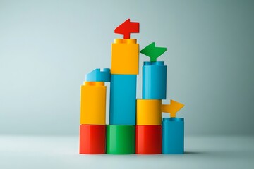 Aufkleber - a cartonic bar graph made from building blocks with arrows rising upward, symbolizing growth