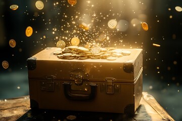 Poster - A cartonic briefcase with flying coins around it and sparkles, representing wealth and business deals 