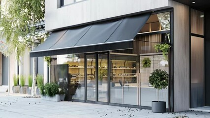 Aufkleber - Urban scene with a storefront featuring a black awning and possibly used for business or street art
