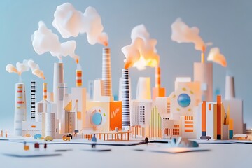 Aufkleber - a cartonic factory with charts as chimneys emitting success lines, symbolizing production economy