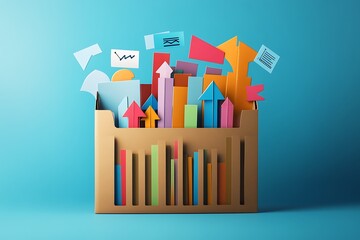 Aufkleber - a cartonic file folder overflowing with charts and arrows, symbolizing business data