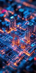 Poster - Futuristic Cityscape with Glowing Networks and Buildings in Blue and Orange Hues