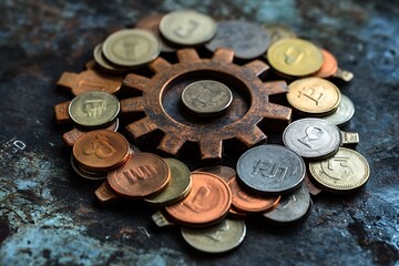 Poster - A cartonic gear made from coins and charts, symbolizing business mechanics 