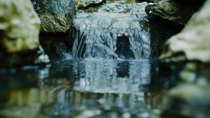 Poster - A natural scene with water flowing between two large rocks, great for use in backgrounds or nature-themed projects