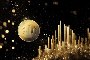 Poster - A cartonic gold coin with bar chart imprinted, floating in space 